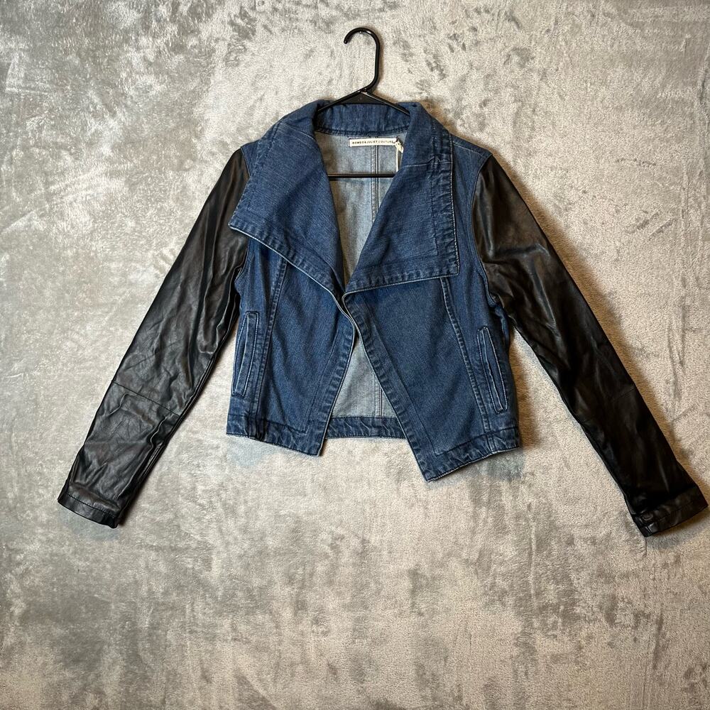 Denim & Faux Leather Moto Jacket Y2K Biker Grunge Cropped Asymmetrical Coat New